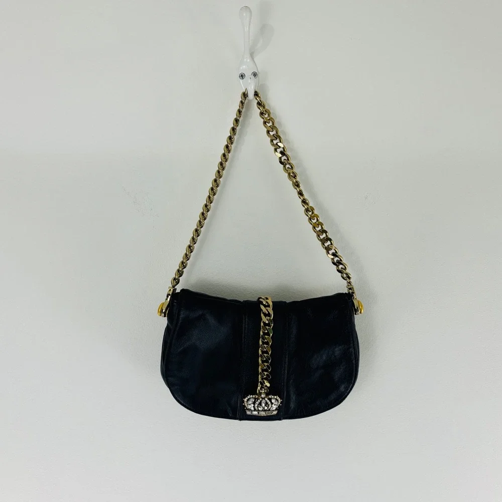 Wilsons Leather Black Leather Bag Shoulder or Clutch Gold Chain Rhinestone Crown